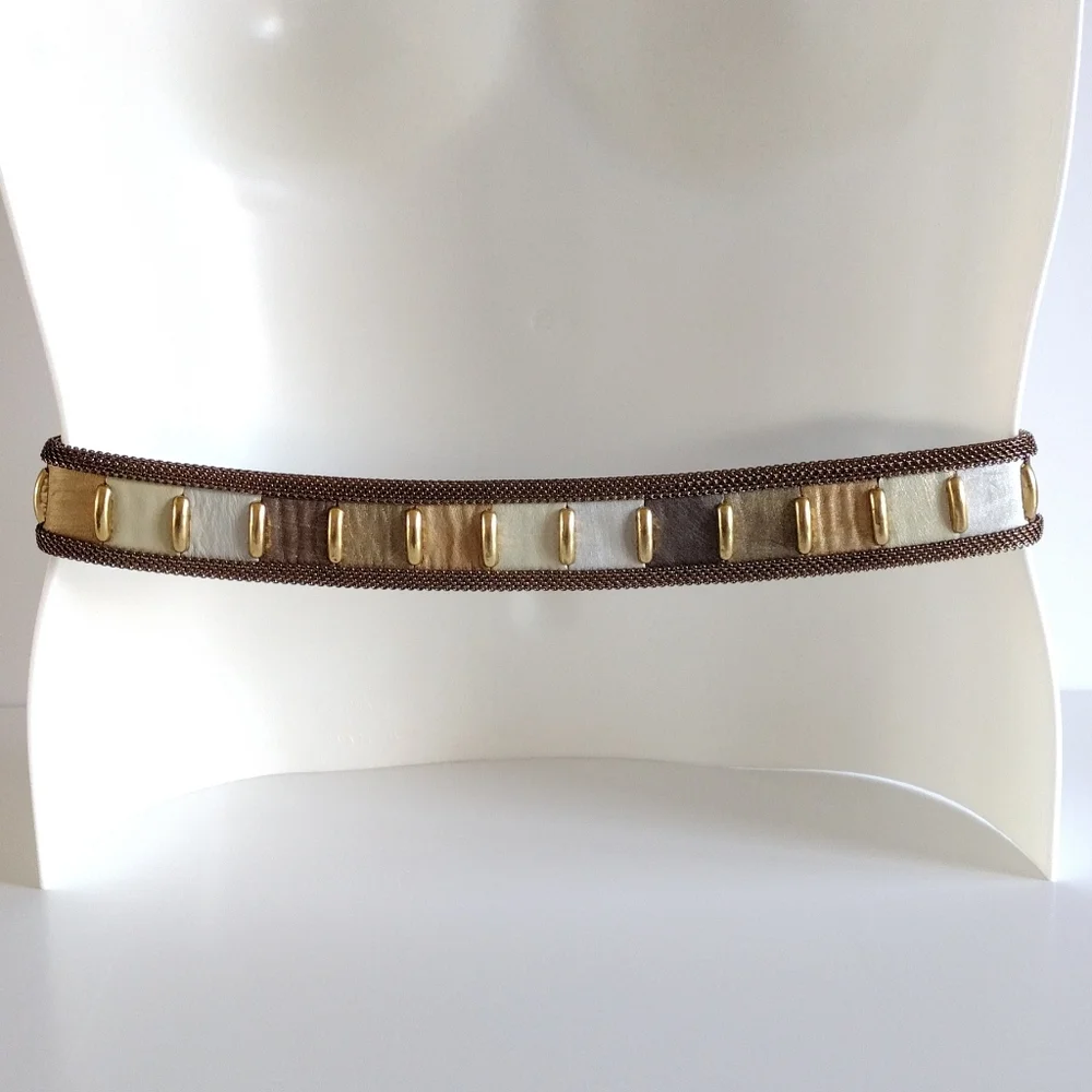 Sand Castle USA Metallic Leathers Solid Brass Buckle Mesh Belt Vintage